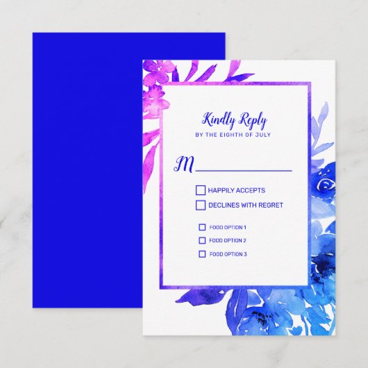 Paars Blue Waterverf Floral Wedding RSVP Kaart (Voorkant / Achterkant)
