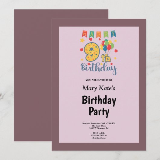 Paars/Blush 9-over-de-dag-uitnodiging Kaart (Voorkant / Achterkant)