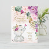 Paars Blush Floral Elephant Butterfly Baby shower Kaart (Staand voorkant)