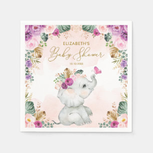 Paars Blush Floral Elephant Girl Baby shower Servet
