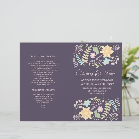 Paars Blush Pink Modern Floral Wedding Programme (Staand voorkant)