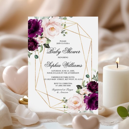 Paars & Blush Roze Baby shower Uitnodiging