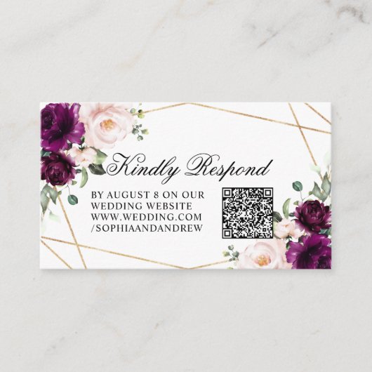 Paars & Blush Roze Bloemige Trouw QR Code RSVP Informatiekaartje (Voorkant)