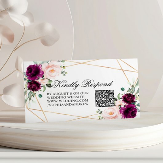 Paars & Blush Roze Bloemige Trouw QR Code RSVP Informatiekaartje