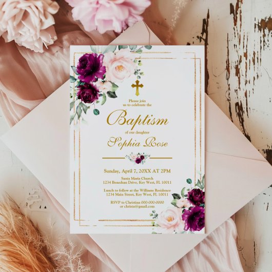 Paars & Blush Roze Roos Bloem Meisje Doop Kaart
