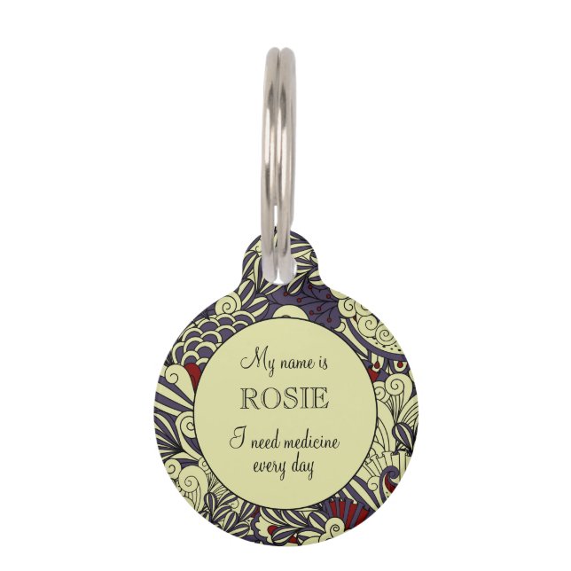 Paars botanisch patroon, op maat gemaakt voor klei huisdierpenning (Voorkant)