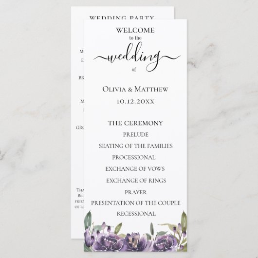 Paars botanisch watercolor bloem bruiloftsprogramm programmakaart (Voorkant / Achterkant)
