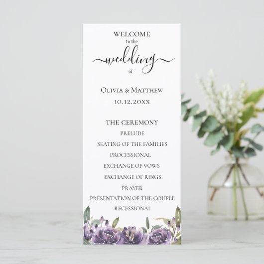 Paars botanisch watercolor bloem bruiloftsprogramm programmakaart (Staand voorkant)