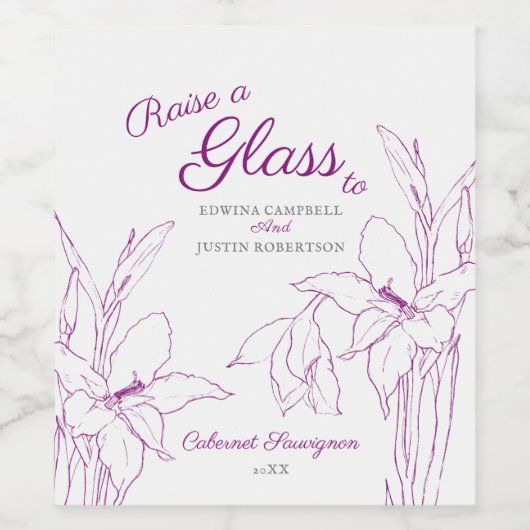 Paars botanische lijnkunst gladioli bruiloft wijn etiket (Enkel label)