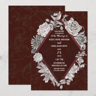 Paars Bourgondië Diamanten Vintage Bloemen Bruilof Kaart