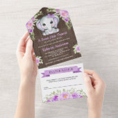 Paars Bow Floral Elephant Barn Wood Baby shower All In One Uitnodiging (Afscheurbaar)