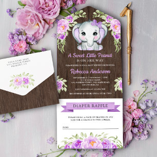 Paars Bow Floral Elephant Barn Wood Baby shower All In One Uitnodiging