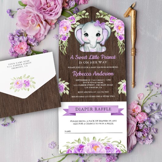 Paars Bow Floral Elephant Barn Wood Baby shower All In One Uitnodiging