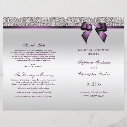 Paars Bow Silver Sequins Wedding Ceremony Programm (Voorkant)