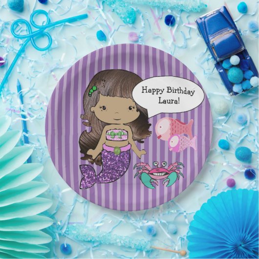 Paars Brunette Mermaid Birthday Party Borden Papieren Bordje (Feest)