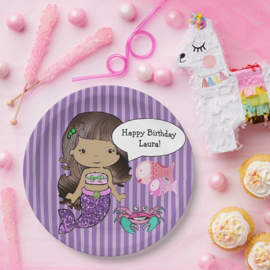 Paars Brunette Mermaid Birthday Party Borden Papieren Bordje (Feest)