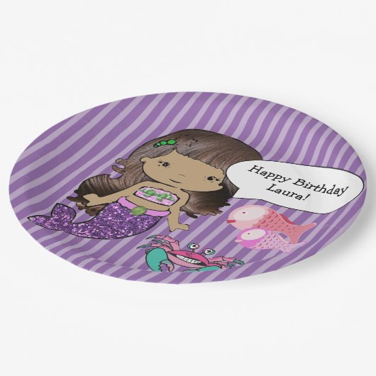 Paars Brunette Mermaid Birthday Party Borden Papieren Bordje (Gekanteld)