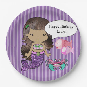 Paars Brunette Mermaid Birthday Party Borden Papieren Bordje