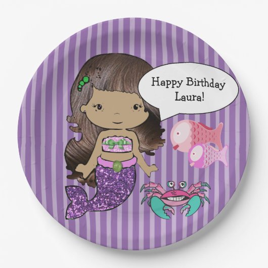 Paars Brunette Mermaid Birthday Party Borden Papieren Bordje (Voorkant)