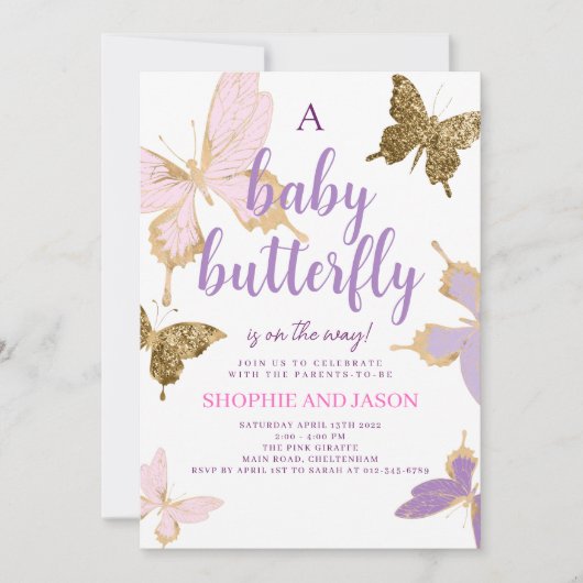 Paars Butterfly Baby shower Invite Girl Kaart (Voorkant)