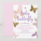 Paars Butterfly Baby shower Invite Girl Kaart (Voorkant / Achterkant)