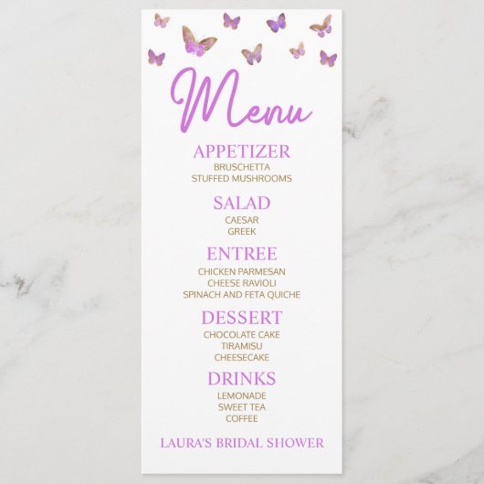 Paars Butterfly Gedekte Vrijgezellenfeesten Menu (Voorkant)