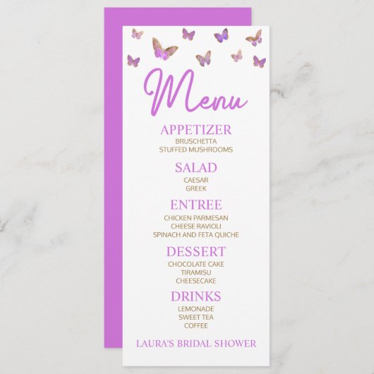 Paars Butterfly Gedekte Vrijgezellenfeesten Menu (Voorkant / Achterkant)