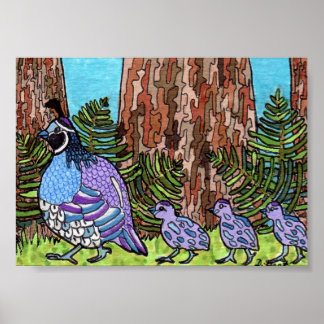 Paars Californische kwartel met Babies Mini Folk A Poster