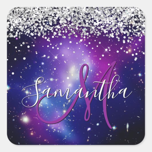 Paars Celestial Sparkly Silver Glitter Monogram Vierkante Sticker (Voorkant)