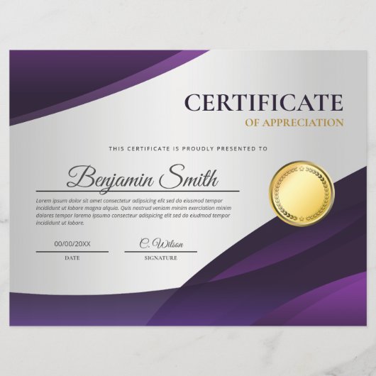 Paars Certificaat van Waardering Award Flyer (Voorkant)