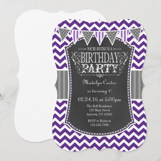 Paars Chalkboard Chevron Birthday Invite Kaart (Voorkant / Achterkant)