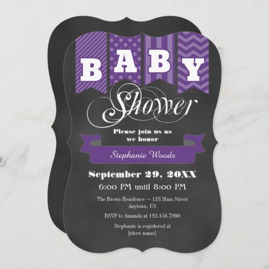 Paars Chalkboard Vlag Baby shower uitnodigen Kaart (Voorkant / Achterkant)