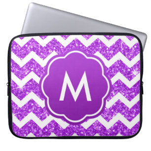 Paars Chevron Glitter Monogram Laptop Sleeve