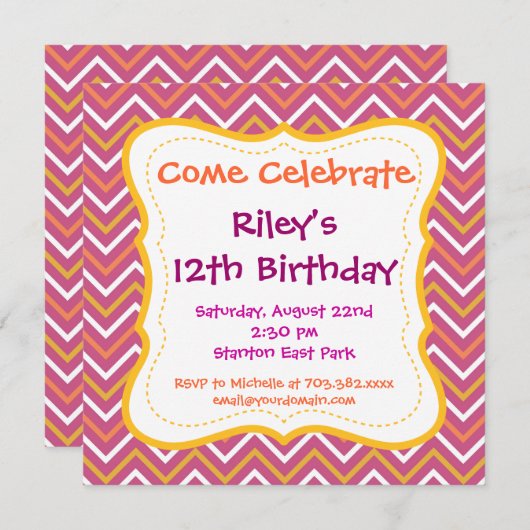 Paars Chevron Pattern Birthday Party Kaart (Voorkant / Achterkant)