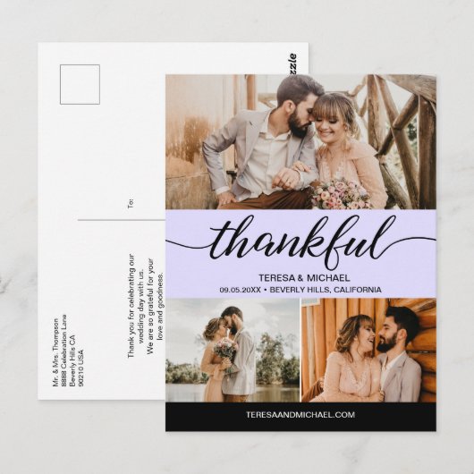 Paars, Classic Thankful Script 3 Briefkaart (Voorkant / Achterkant)