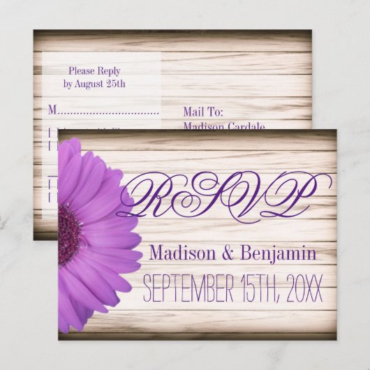 Paars Daisy Country Rustic Wood RSVP BRIEFKAARTEN (Voorkant / Achterkant)