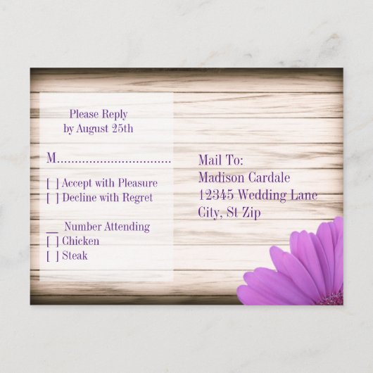 Paars Daisy Country Rustic Wood RSVP BRIEFKAARTEN (Achterkant)