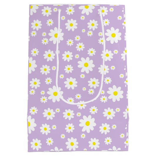 Paars Daisy Cute Spring Pattern Medium Cadeauzakje (Achterkant)