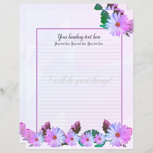Paars Daisy Floral-schrijfpapier (Voorkant / Achterkant)