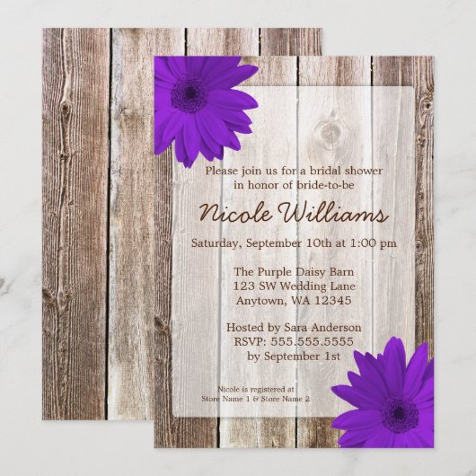 Paars Daisy Rustic Barn Wood Vrijgezellenfeest Kaart (Voorkant / Achterkant)