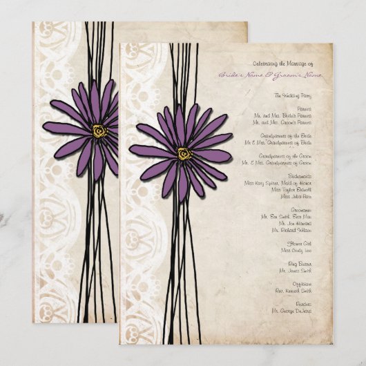  Paars Daisy Wedding Programme Programmakaart (Voorkant / Achterkant)