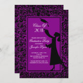 Paars Damask Afstuderen Invitation Afstuderen Kaart (Voorkant / Achterkant)