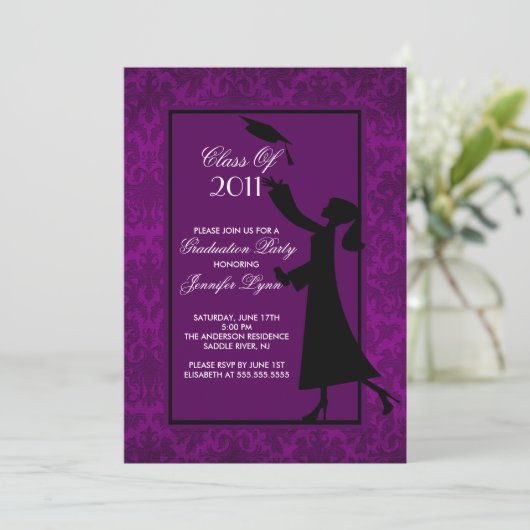 Paars Damask Afstuderen Invitation Afstuderen Kaart (Staand voorkant)