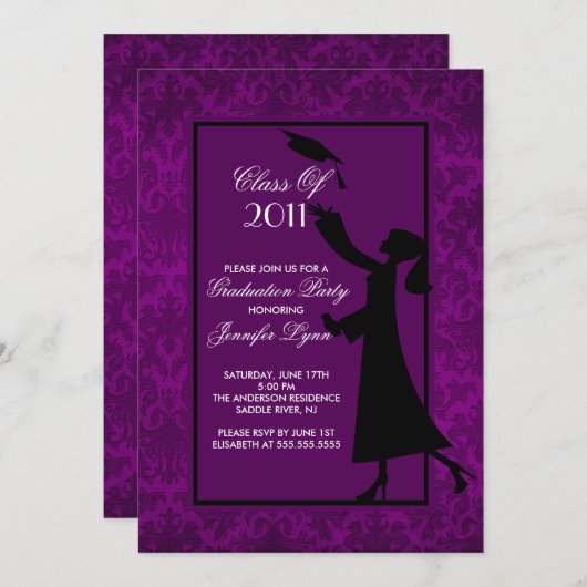 Paars Damask Afstuderen Invitation Afstuderen Kaart (Voorkant / Achterkant)