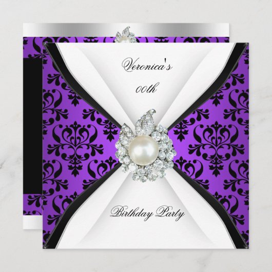 Paars Damask Black White Pearl Diamond Birthday Kaart (Voorkant / Achterkant)