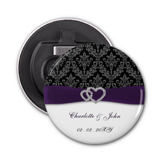 Paars Damask Diamante Wedding Button Flesopener (Voorkant)