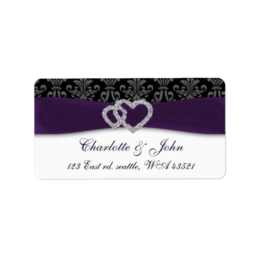 Paars Damask Diamante Wedding Etiket (Voorkant)