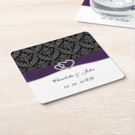 Paars Damask Diamante Wedding Kartonnen Onderzetters (Schuin)