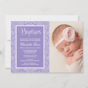 Paars Damask Girl Foto Baptism Christening Kaart