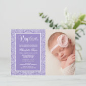 Paars Damask Girl Foto Baptism Christening Kaart (Staand voorkant)